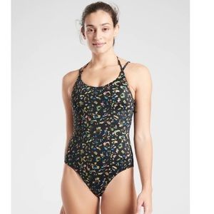 Athleta Leopard Keyhole One Piece Strappy Open Back Swimsuit, XS